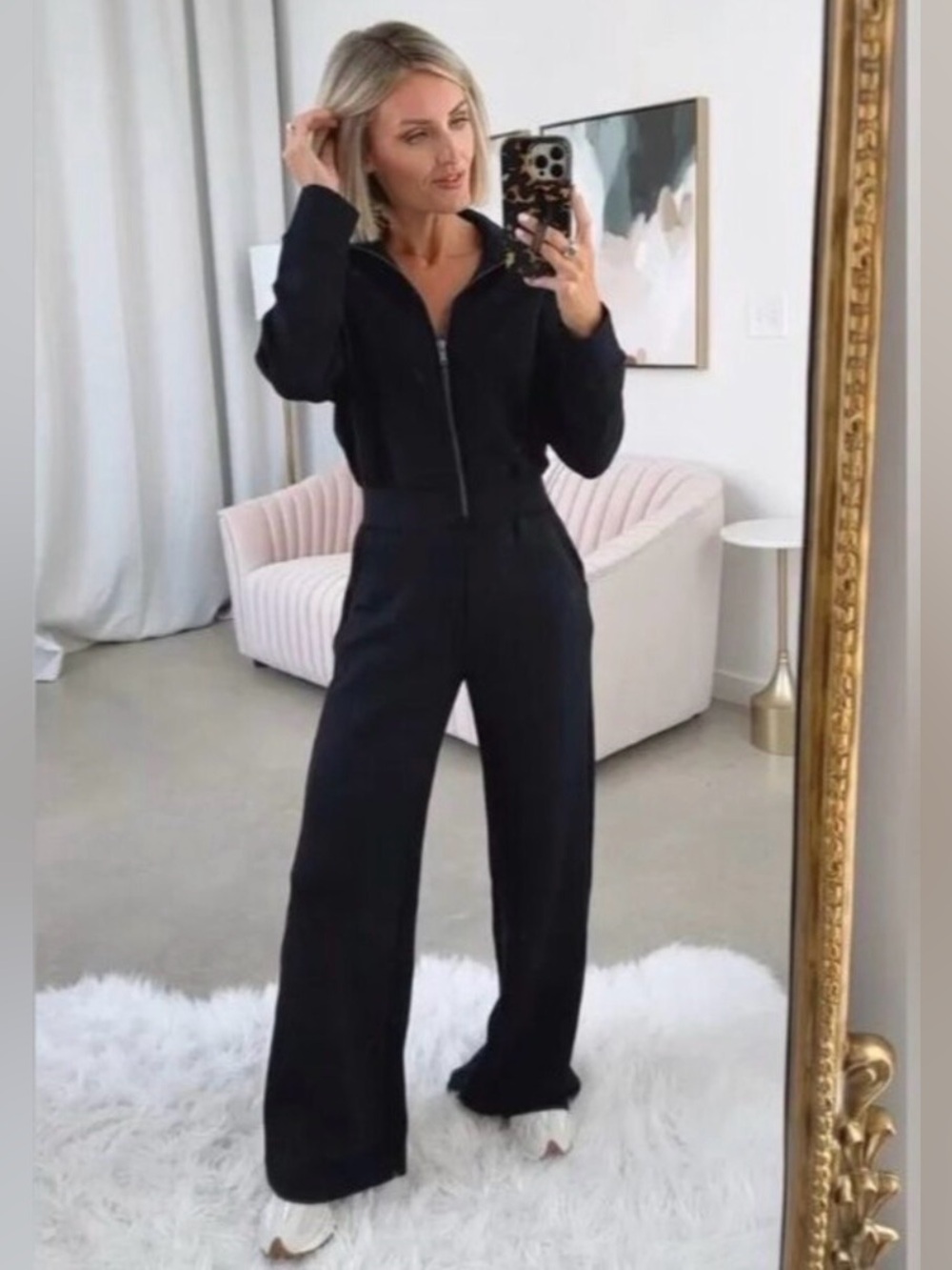 SPANX AirEssential Black Long Sleeve Wide Leg Soft Jumpsuit Sz Small‎ Minimalist